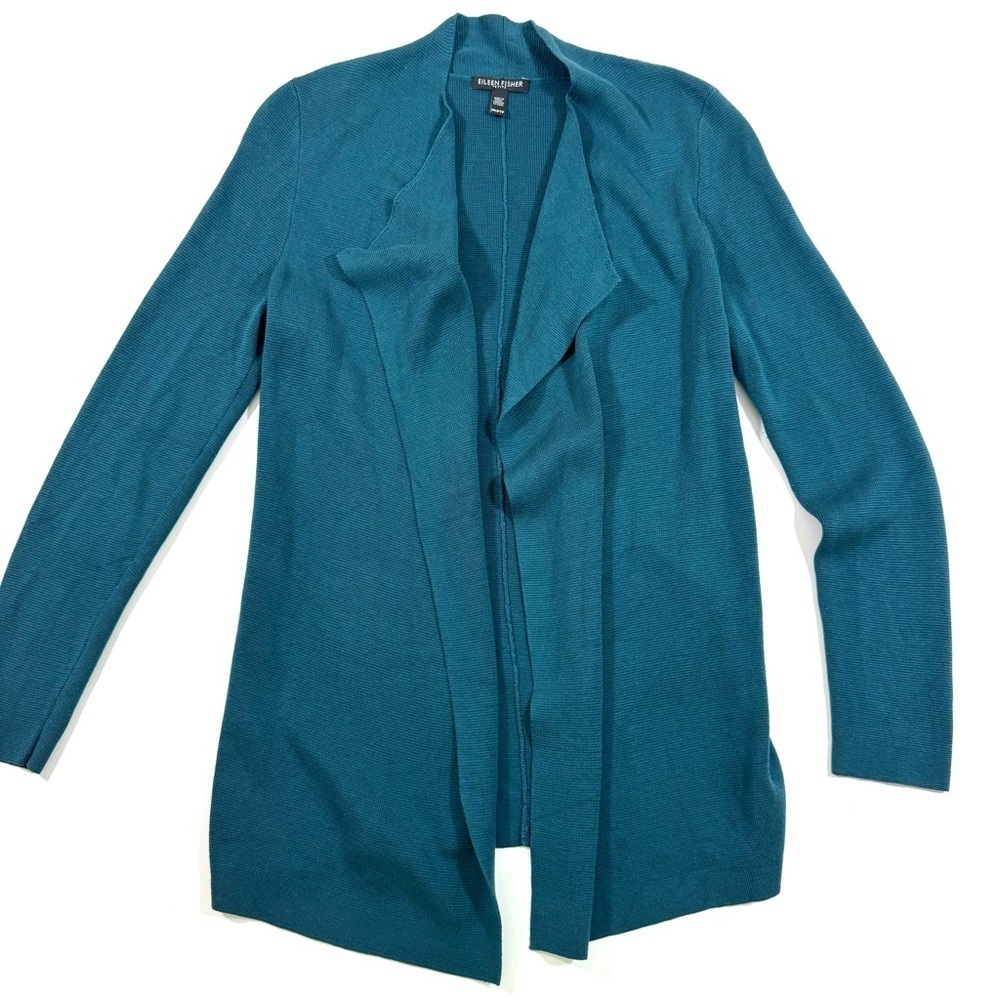 Eileen Fisher Silk Wool Blend Cardigan Open Front Teal